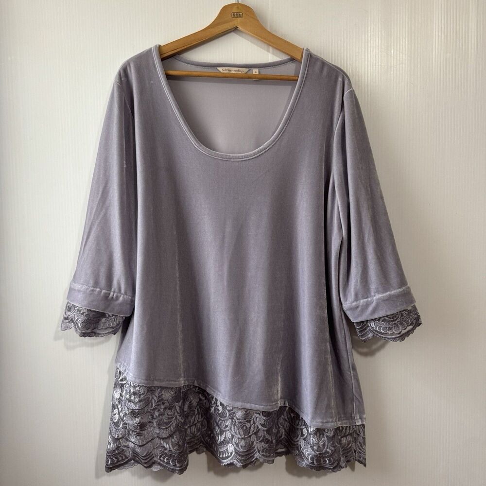 Soft Surroundings XL Velvet Tunic Top Asymmetrical Rousseau Lilac Gray Lace